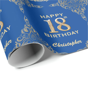 18th Birthday Blue and Gold Glitter Frame Wrapping Paper