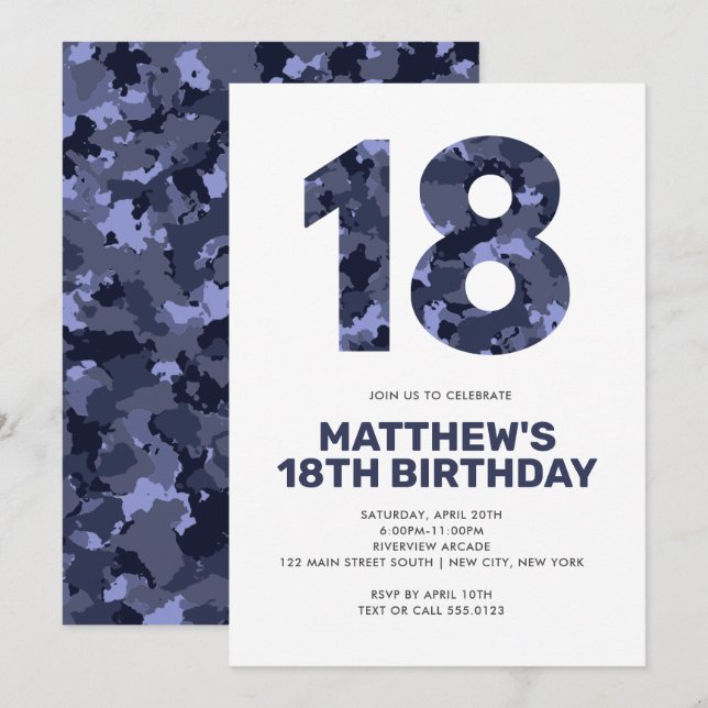 18TH Birthday, Blue Camo Personalized Teen Invitation (Front/Back)