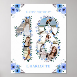 18th Birthday Blue Flower Girl Photo Collage White Poster
