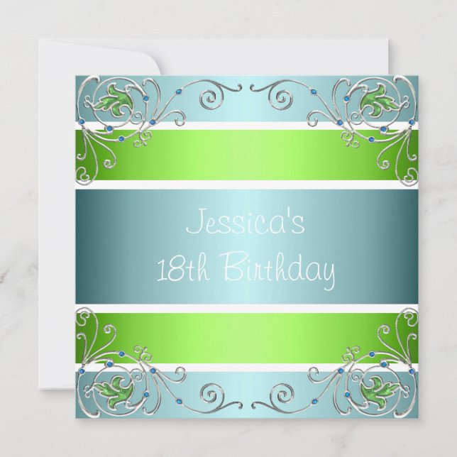 18th Birthday Blue Green White Silver Metal Floral Invitation (Front)