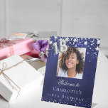 18th birthday blue silver stars photo welcome pedestal sign<br><div class="desc">A welcome sign for a 18th birthday party.  A navy blue background with elegant faux silver stars. The blue colour is uneven.  Personalize and add a photo,  name and text.  White letters.</div>