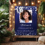 18th birthday blue silver stars photo welcome poster<br><div class="desc">A welcome poster for a 18th birthday party.  A navy blue background with elegant faux silver stars. The blue colour is uneven.  Personalize and add a photo,  name and text.  White letters. 
Back: no design</div>
