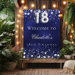 18th birthday blue silver stars welcome party poster<br><div class="desc">A welcome poster for a 18th birthday party.  A navy blue background with elegant faux silver stars. The blue colour is uneven.  Personalize and add a name and text.  White text.</div>