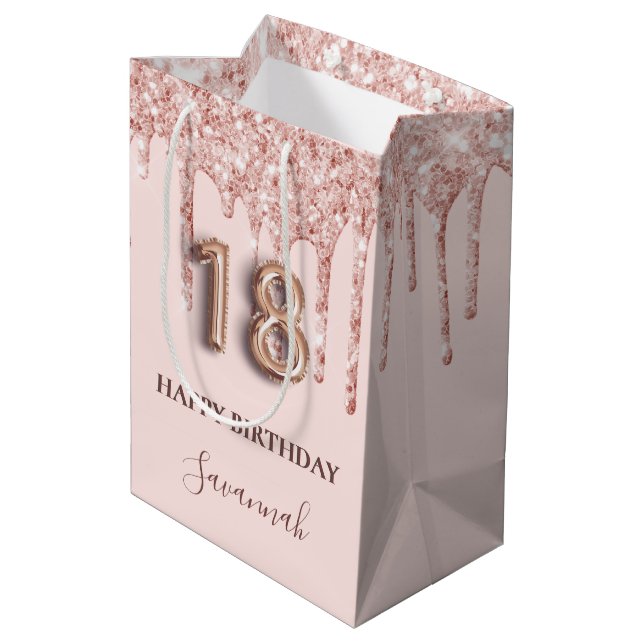 18th birthday blush pink glitter drips rose gold medium gift bag (Back Angled)