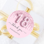 18th birthday blush pink glitter name thank you classic round sticker<br><div class="desc">Elegant,  classic,  glamourous and girly for a 18th birthday party.  A blush pink,  gradient background. Decorated with faux glitter drips,  paint dripping look. Personalize and add a name.  With the text:  thank you. Number 18 is written with a balloon style font.</div>