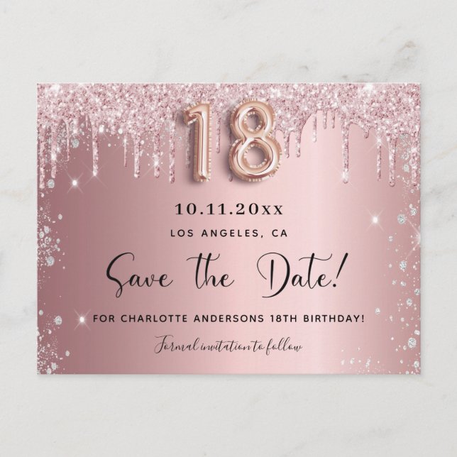 18th birthday blush pink silver save the date announcement postcard (Front)