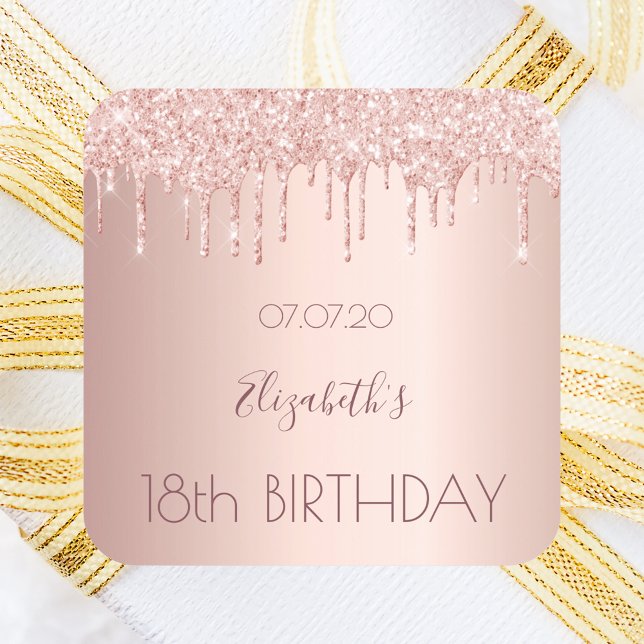 18th birthday blush rose gold glitter drips name square sticker (Creator Uploaded)