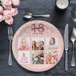 18th birthday blush rose gold glitter name paper plate<br><div class="desc">For a girly, glamourous 18th birthday party, celebrating her life with a collage of 6 of your own photos. Personalize and add a name, age 18 and a date. Date of birth or the date of the party. Dark rose gold and black coloured letters. A trendy rose gold coloured background...</div>