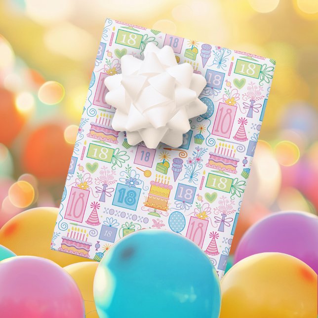 18th Birthday Bright Pastel Cake Presents Balloons Wrapping Paper Sheet (Creator Uploaded)