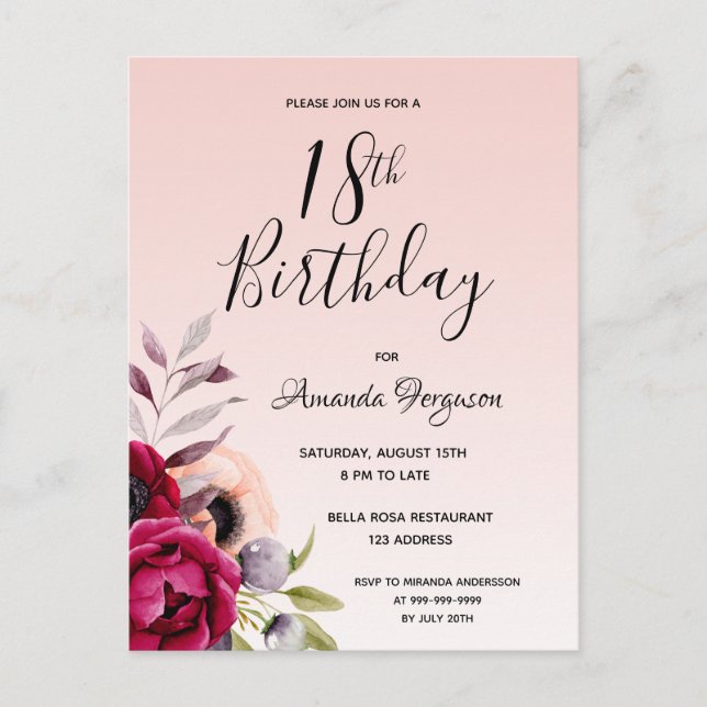 18th birthday burgundy rose gold floral invitation postcard (Front)