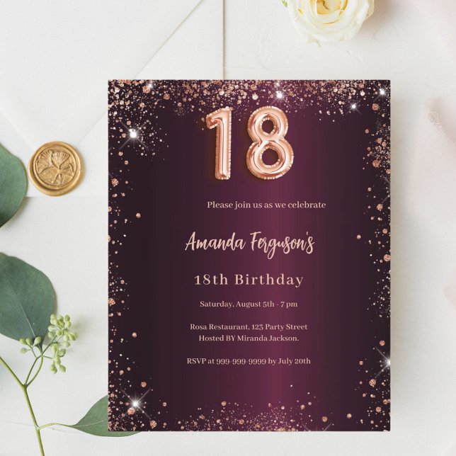 18th birthday burgundy rose gold invitation (Creator Uploaded)