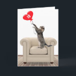 18th Birthday Cat With Heart Balloon Card<br><div class="desc">Tabby cat standing on a leather chair playing with a red heart balloon for 18th birthday.</div>