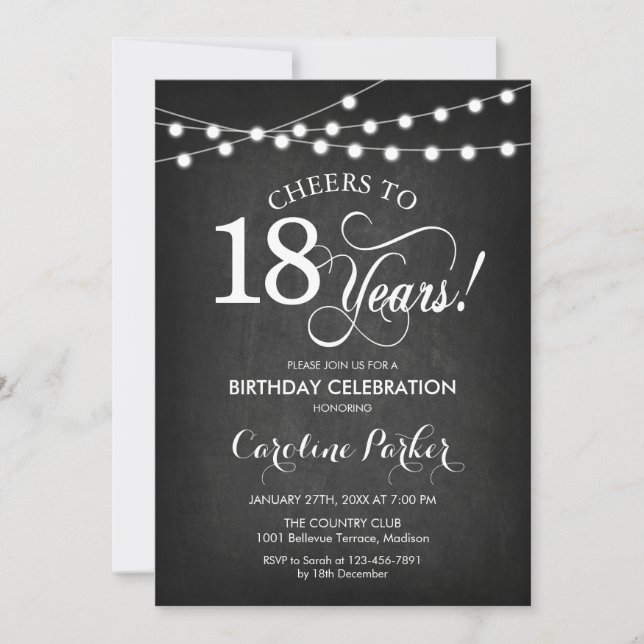 18th Birthday - Chalkboard Black White Invitation (Front)