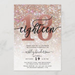 18th Birthday Champagne Glitter Invitation<br><div class="desc">Invite family and friends to celebrate 18th Birthday with these chic girly invitations. Design featuring champagne sparkly glitter texture,  eighteen in trendy handwritten script in black and rose gold colour. Personalize with your details in block capital lettering.</div>