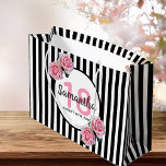 18th birthday chic pink roses black white stripes large gift bag<br><div class="desc">Classic slim black and white vertical stripes as background. With girly, feminine and romantic pink roses as decoration. Perfect for an elegant 18th birthday party for her. A white and black frame with templates for name, age and a date. Age number 18 in pink, name and date in black. The...</div>