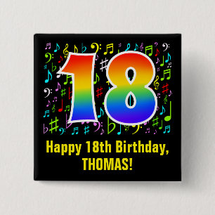 18th Birthday: Colorful Music Symbols, Rainbow 18 2 Inch Square Button
