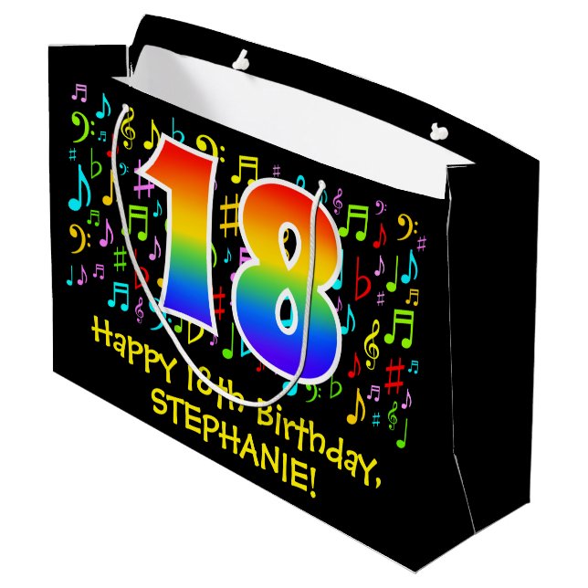 18th Birthday - Colorful Music Symbols, Rainbow 18 Large Gift Bag (Back Angled)