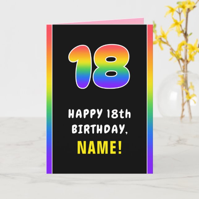 18th Birthday: Colourful Rainbow # 18, Custom Name Card (Yellow Flower)