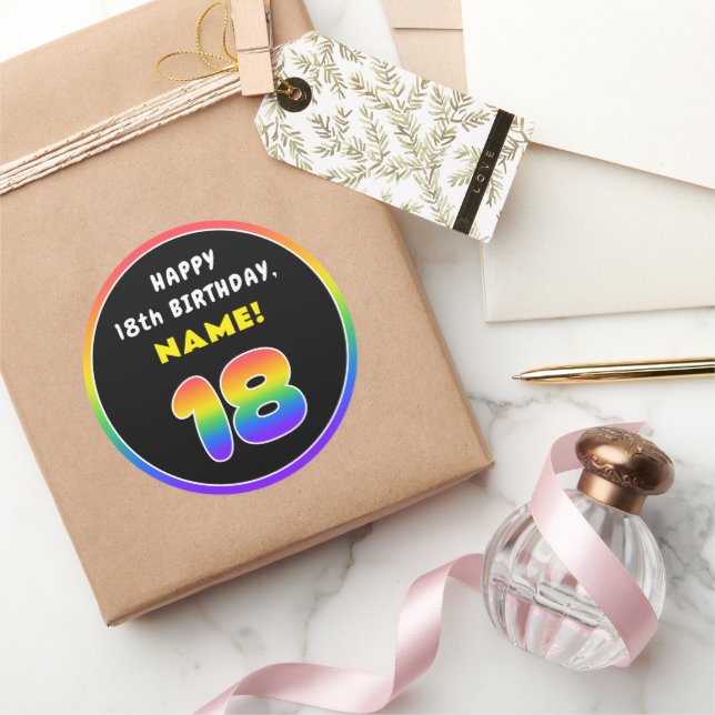 18th Birthday: Colourful Rainbow # 18, Custom Name Classic Round Sticker (Gifting)