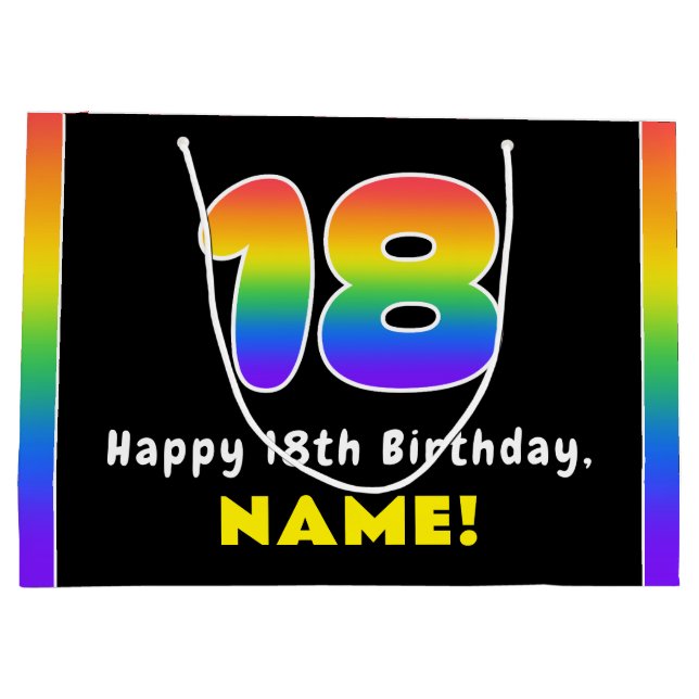 18th Birthday: Colourful Rainbow # 18, Custom Name Large Gift Bag (Back)