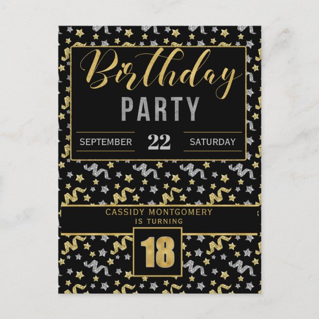 18th Birthday Confetti in Black and Gold Invitation Postcard (Front)