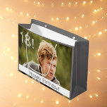 18th birthday custom photo boy guy large gift bag<br><div class="desc">Insert Your photo of the teenager,  landscape size photo.  With the number: 18 and the text on a white ribbon: Happy Birthday! Rough,  rustic fonts. Grey coloured letters and number. Grey background colour.</div>