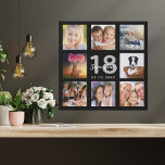 18th birthday custom photo collage black monogram faux canvas print<br><div class="desc">A unique 18th birthday gift or keepsake, celebrating her life with a collage of 8 of your photos. Add images of her family, friends, pets, hobbies or dream travel destination. Personalize and add a name, age 18 and a date. White and grey coloured letters. A chic black background. This canvas...</div>