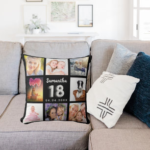 18th birthday custom photo collage black silver throw pillow