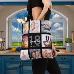 18th birthday custom photo collage girl black tote bag<br><div class="desc">A unique gift for a girl's 18th birthday, celebrating her life with a collage of 8 of your own photos, pictures. Personalize and add her name, age 18 and a date. A chic black background. Grey and white letters and numbers. The name is written with a modern hand lettered style...</div>
