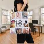 18th birthday custom photo collage girl white tote bag<br><div class="desc">A unique gift for a girl's 18th birthday, celebrating her life with a collage of 8 of your own photos, pictures. Personalize and add her name, age 18 and a date. A chic white background. Grey and black letters and numbers. The name is written with a modern hand lettered style...</div>