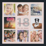 18th birthday custom photo collage rose gold name faux canvas print<br><div class="desc">A unique 18th birthday gift or keepsake, celebrating her life with a collage of 8 of your photos. Add images of her family, friends, pets, hobbies or dream travel destination. Personalize and add a name, age 18 and a date. Grey and dark rose gold coloured letters. A chic black background....</div>