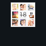 18th birthday custom photo collage white monogram canvas print<br><div class="desc">A unique 18th birthday gift or keepsake, celebrating her life with a collage of 8 of your photos. Add images of her family, friends, pets, hobbies or dream travel destination. Personalize and add a name, age 18 and a date. Grey and black coloured letters. A chic white background. This canvas...</div>