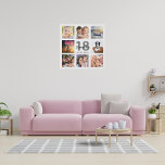 18th birthday custom photo collage white monogram faux canvas print<br><div class="desc">A unique 18th birthday gift or keepsake, celebrating her life with a collage of 8 of your photos. Add images of her family, friends, pets, hobbies or dream travel destination. Personalize and add a name, age 18 and a date. Grey and black coloured letters. A chic white background. This canvas...</div>