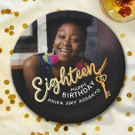 18th Birthday custom photo gold black Paper Plate<br><div class="desc">Eighteen gold script text and 18 key to the door photo party paper plate. Personalize this 18th birthday party script photo birthday design with your own birthday girls name and two photos of your birthday girl one on both sides great for a now and then photo opportunity. Other years and...</div>