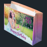 18th birthday custom photo large gift bag purple<br><div class="desc">A giftbag for a eighteen years old girl,  with the number 18 and the text Happy Birthday in purple. An ultra violet,  pink and peach coloured pastel backdrop. Template for your photo of the birthday girl and age.</div>
