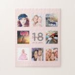 18th birthday custom photo rose gold blush pink jigsaw puzzle<br><div class="desc">A unique 18th birthday gift or keepsake, celebrating her life with a collage of 8 of your photos. Add images of her family, friends, pets, hobbies or dream travel destination. Personalize and add a name, age 18 and a date. Grey and dark rose gold coloured letters. Elegant and trendy blush...</div>