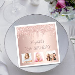 18th birthday custom photo rose gold pink drips napkin<br><div class="desc">A napkin for a girly and glamourous 18th birthday party. A rose gold metallic background with an elegant faux rose gold drips, paint dripping look. The text: The name is written in dark rose gold with a large modern hand lettered style script. Personalize and add name, age 18 and 3...</div>