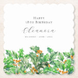 18th Birthday December Birth Flower Holly Custom Paper Coaster<br><div class="desc">Perfect table decor for a December birthday party. Holly is the birth flower for that month. It forms a pretty watercolor bottom border on this festive personalized paper square coaster. The birthday celebrant's name,  age and birthdate are placed above it using elegant calligraphy and typography. All text is editable.</div>