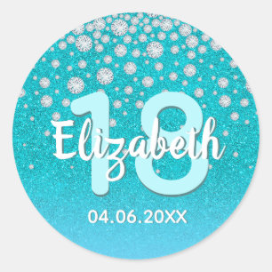 18th birthday diamonds glitter teal blue green classic round sticker