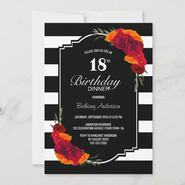 18th Birthday Dinner Black White Striped Floral Invitation (Front)