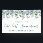 18th Birthday Dusty Blue Floral Welcome Banner<br><div class="desc">Welcome your guests with this elegant welcome banner. Pretty dusty blue roses,  peonies and wildflowers decorate the top border. A classic and easy-to-read font combination takes only minutes to personalize.</div>