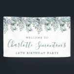 18th Birthday Dusty Blue Floral Welcome Banner<br><div class="desc">Welcome your guests with this elegant welcome banner. Pretty dusty blue roses,  peonies and wildflowers decorate the top border. A classic and easy-to-read font combination takes only minutes to personalize.</div>