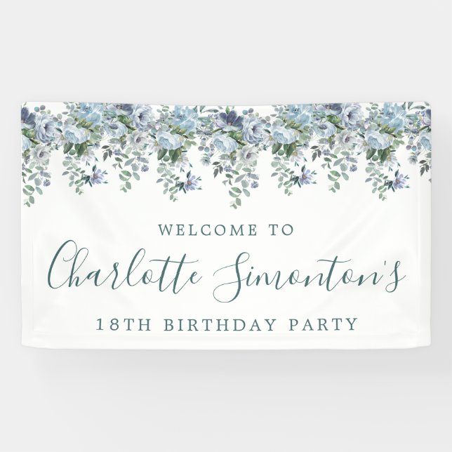 18th Birthday Dusty Blue Floral Welcome Banner (Horizontal)
