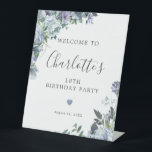 18th Birthday Dusty Blue Floral Welcome Pedestal Sign<br><div class="desc">Welcome your guests with this elegant tabletop pedestal sign. Pretty dusty blue roses,  peonies and wildflowers decorate two corners. A tiny heart adds a little loving touch. A classic and easy-to-read font combination takes only minutes to personalize.</div>