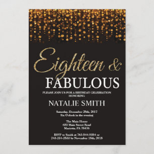 18th Birthday Eighteen and Fabulous Gold Glitter Invitation