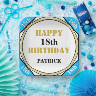 18th Birthday Elegant Blue Gold  Paper Plate