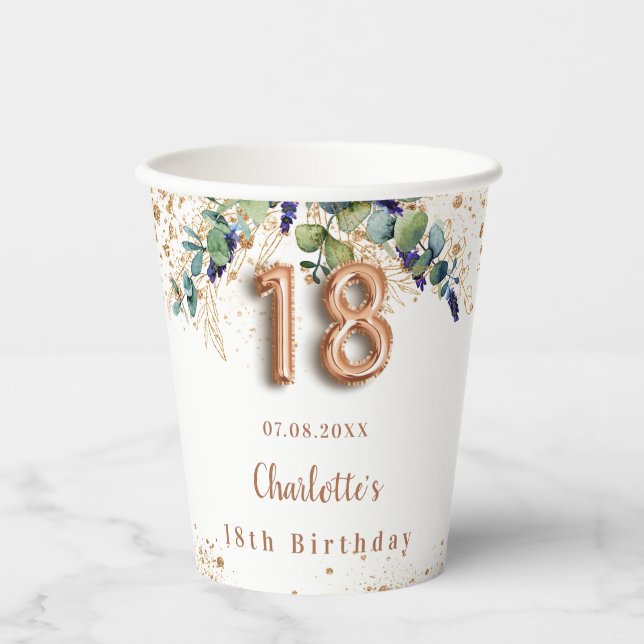 18th birthday eucalyptus greenery glitter monogram paper cups (Front)