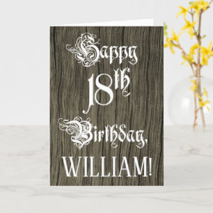 18th Birthday: Fancy, Elegant Text; Faux Wood Look Card