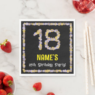 18th Birthday: Floral Flowers Number, Custom Name Napkin