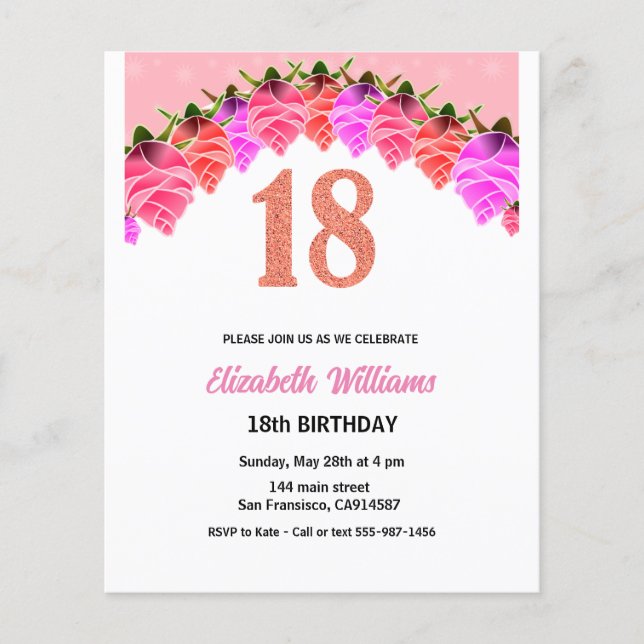 18th Birthday Floral Rose Gold Invitation Flyer (Front)